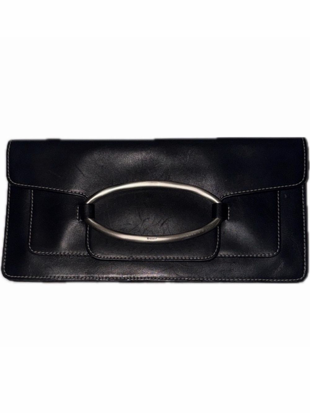 DKNY Black Leather Silver Buckle Minimal Envelope Style Clutch